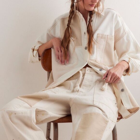 Free People We the Free Ivory Mountain Roads Denim Shirt NWOT - Picture 4 of 12